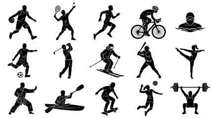 Fototapeta premium Sports Athletes Silhouettes Glyph Vector Icons Set - Diverse Sporting Activities Black and White Collection