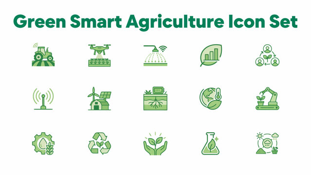 Green smart agriculture icon set flat vector graphics depicting modern farming and technology concepts agribusiness crop harvest yield irrigation