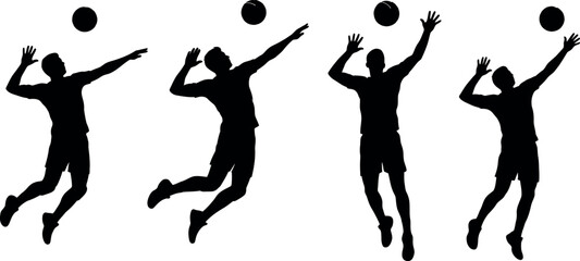 A series of four black silhouettes depicting male volleyball players in various dynamic jumping positions while striking a ball during a match © KolyBegum
