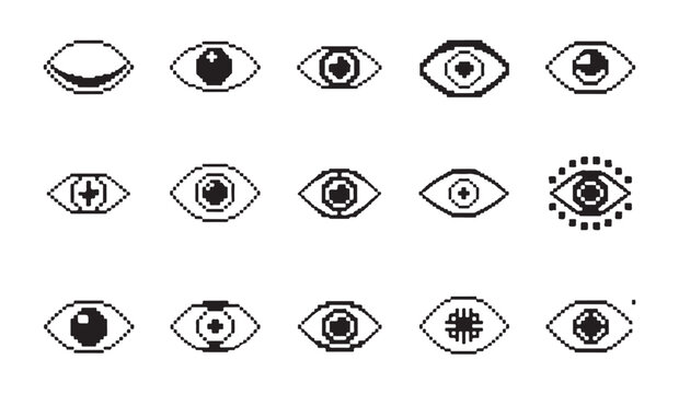 Pixel art eye icon set isolated on white background digital graphic elements for ui design.