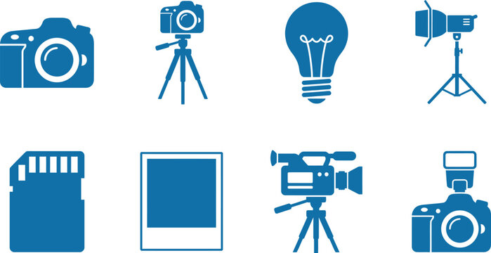 A collection of eight minimalist flat blue icons representing essential photography and videography equipment including cameras, lighting tools, memory cards, and instant film prints