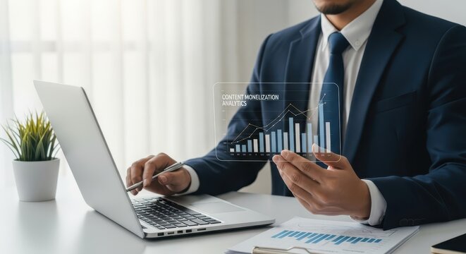 Business professional analyzing content monetization analytics on a holographic display while working on a laptop