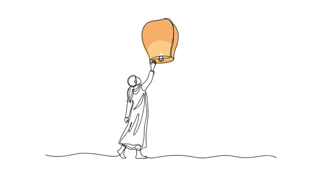 A single continuous line drawing depicts a person standing and reaching upward to release a floating orange paper lantern against a stark white background environment.