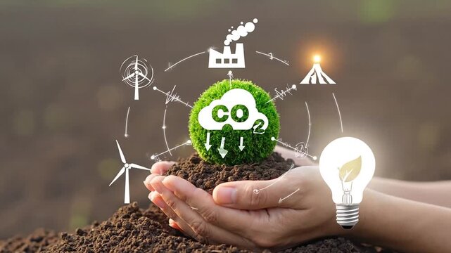 Hands Holding Green Earth with CO2 Icon and Environmental Sustainability Symbols, Green Energy Concept