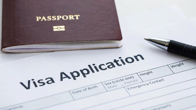 A close-up view of a travel visa application form lying on a desk with a passport and a black ballpoint pen ready for completion of identity information