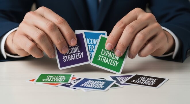 Hands sorting cards with 'Income Strategy' and 'Expansion Strategy' text, planning for business growth