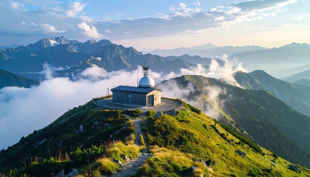 Remote Mountain Radar Station with Dome and Antenna at Golden Hour