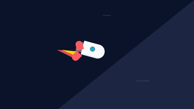 Minimalist flat design illustration of a rocket ship flying through space.
