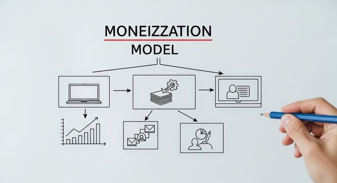 Monetization Model Business Strategy Flowchart with Business Growth Icons