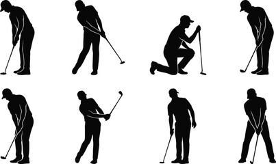 Naklejka premium Golf Player Silhouette Set Featuring Putting Swinging and Course Action Poses