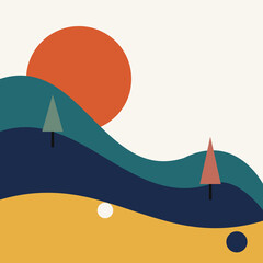 Minimalist abstract landscape illustration featuring rolling hills a large orange sun and stylized geometric trees © Jasim