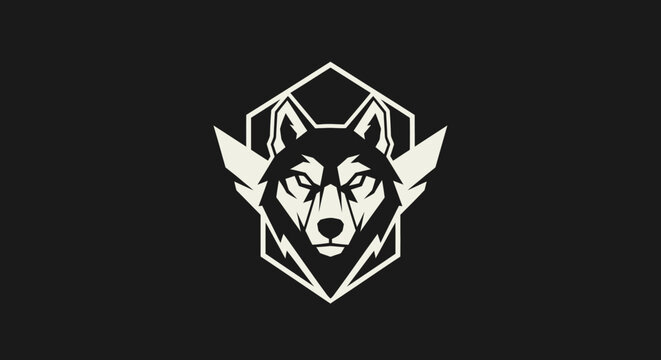Stylized wolf head inside a geometric frame design on black background