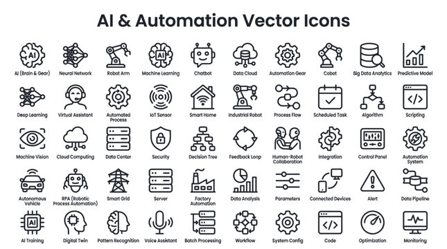 Comprehensive Set of Artificial Intelligence and Robotic Automation Vector Line Icons for Digital Technology Interfaces