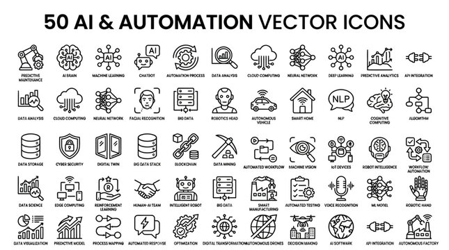 Artificial intelligence and automation vector line icons for machine learning robotics big data cloud computing and digital technology applications