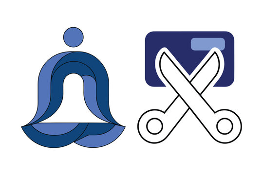 Mindfulness and financial control illustration featuring meditation silhouette icon and scissors cutting credit card for budget management.