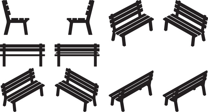 Set of park bench silhouettes in various isometric and front views for urban landscape design projects isolated on a white background as a vector illustration