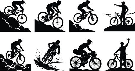Naklejka premium Mountain Biking Silhouette Collection with Trail Riders Adventure and Outdoor Cycling