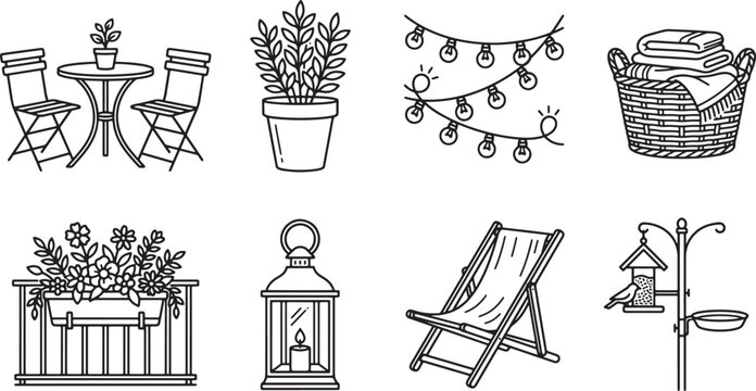 Set of outdoor living icons featuring patio furniture garden plants lighting and balcony decor in line art