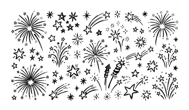Hand drawn star and fireworks doodle icon set with sketch sparkle burst symbols for creative design