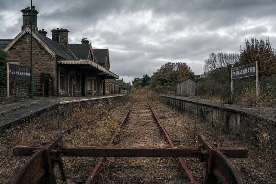 Rusty end tracks of an old railway station disappearing into weeds.