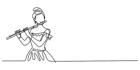Continuous single line drawing of a woman playing the flute Vector, illustration © Alo 2026 Arts