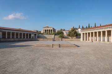 Fototapeta premium A reconstructed ancient Greek agora, empty stone plaza with a raised speaking platform at its center.
