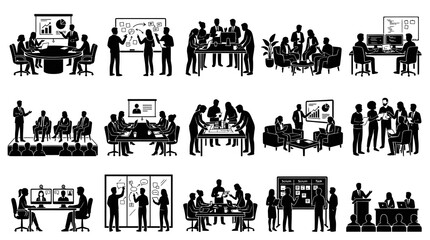 Obraz premium Business Meeting Silhouettes: Diverse Team Collaboration Presentation Vector Art