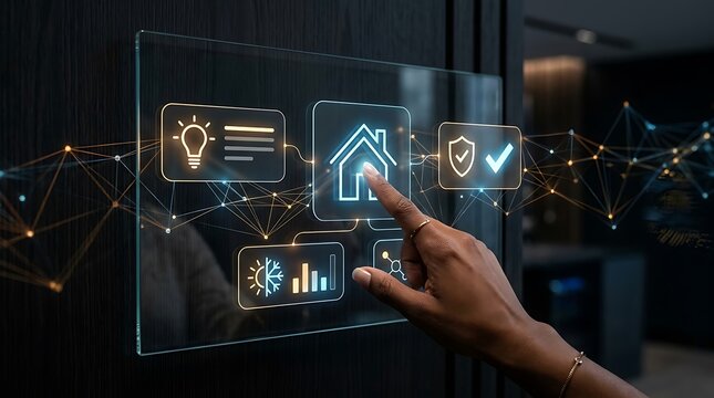 Hand touching a futuristic digital smart home interface with for lighting, climate, and security in a dark, modern interior setting