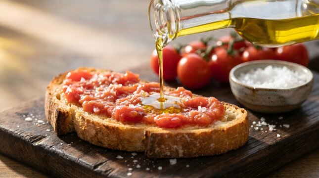 Olive oil pouring on bread with tomato, Traditional Spanish breakfast pan con tomate, Toasted bread with grated tomato and olive oil