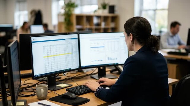 Insurance employee reviewing dual monitor screens with underwriting data cursor selecting key files foreground sharp and surroundings out of focus.
