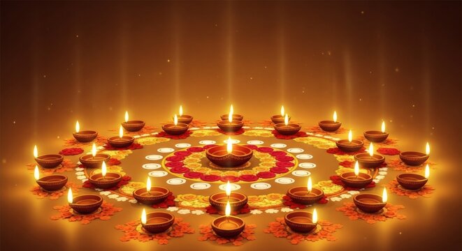  Circular Diya Arrangement for Sacred Hindu Ritual Celebration.