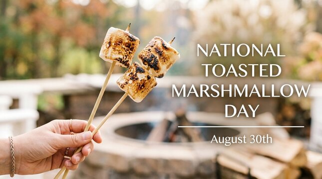 Hand holding toasted marshmallows by fire pit outdoors