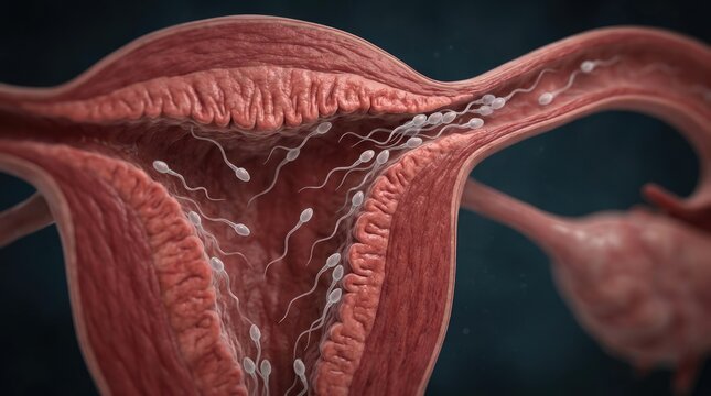 Microscopic human beginning: human reproduction, sperm navigate, fertilize process, embryo develop, female system, cellular journey, internal view, ovum search, zygote form, blastocyst cell.