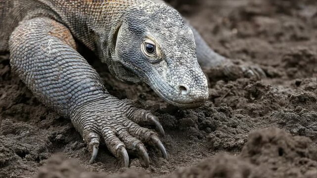 A close-up of a large lizard with textured skin and sharp claws in muddy terrain