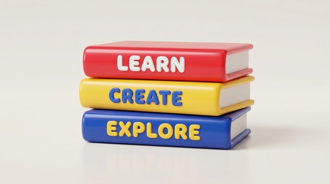 A stack of three colorful books featuring educational concepts for creative learning and development.