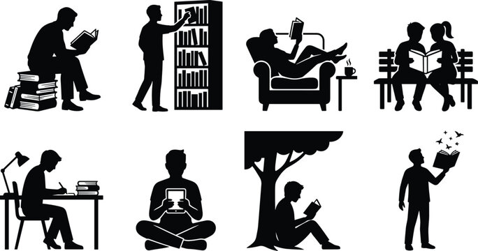 Reading Lifestyle Silhouette Set with Students Books Digital Learning and Library Activities