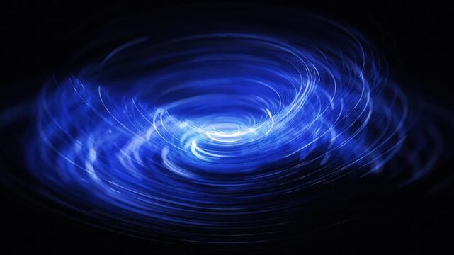Futuristic blue abstract cosmic vortex background with fast rotating neon particle light streaks. High speed energy spiral tunnel effect for sci-fi, teleportation, and hyper-drive concepts.
