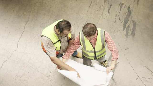 Two construction workers meticulously examine rolled architectural plan on concrete floor within large warehouse setting, wearing yellow high-visibility vests and plaid shirts during detailed inspecti