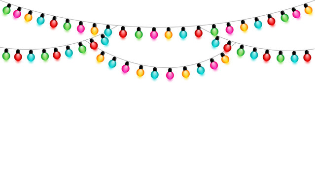 Colorful party string lights hanging on a transparent background, vector illustration of festive fairy light garland clip art for celebration decoration.