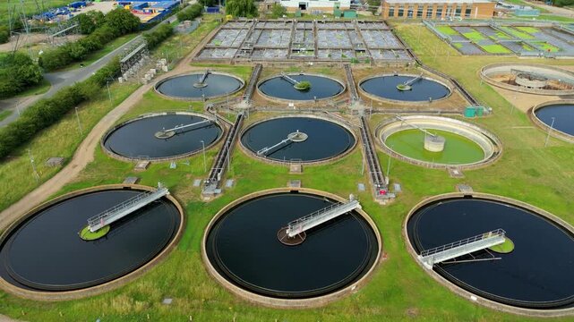 High angle view of modern sewage purification infrastructure and clean water clarification process in Hoddesdon