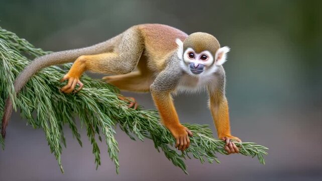A small monkey, with orange limbs and brown fur, grips a green branch. Its face is in focus