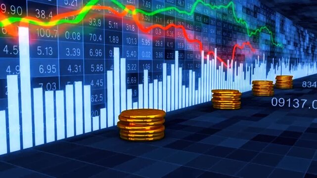 Abstract business and finance concept background with glowing 3D stock market charts, growing financial graphs, and stacks of gold coins rising on a digital grid for investment visualization.
