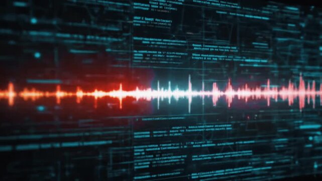 Abstract glowing red and blue audio wave spectrum background with cyber programming digital code elements. Modern sound visualization tech backdrop for music, voice analyzer, and data concept.