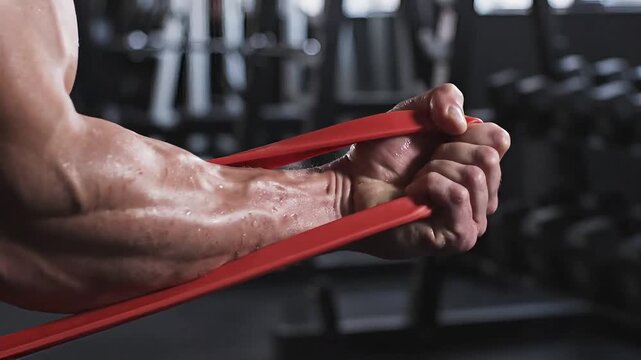 Athlete pulls a red resistance band with defined forearm muscles while exercising inside a local fitness center.