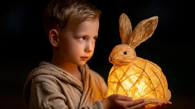 Child holding a glowing paper rabbit lantern on autumn night