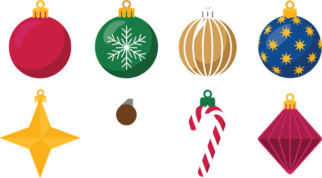 Christmas Ornament and Bauble Vector Icon Set Featuring Snowflake Glass Balls Star Candy Cane and Festive Tree Hanging Decorations for Winter Holiday Designs