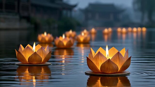 Lotus paper lanterns floating on a calm dark river at night