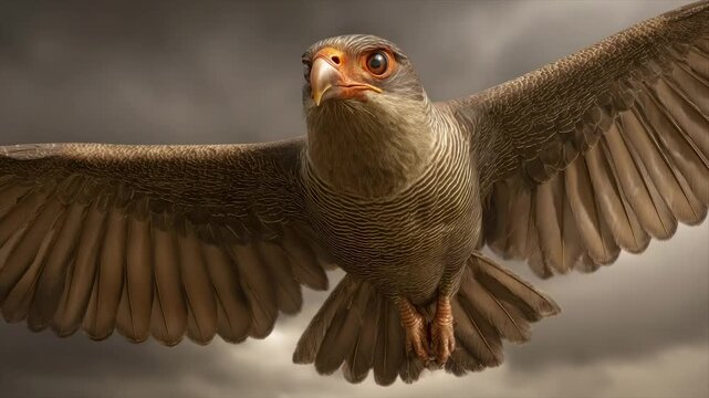 A bird of prey is captured mid-flight, wings spread wide, with a stormy sky