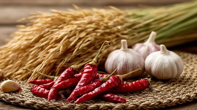 Harvested rice, dried chili peppers and garlic on a straw mat