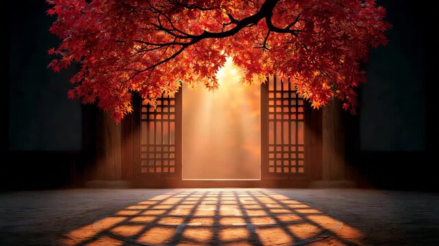 Autumn maple leaves framing a Hanok lattice window